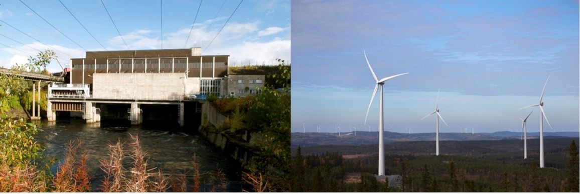 Images of the hydropower plant and the wind farm connected to the PPA agreement, Nedre Bjurfors and Bj&ouml;rkh&ouml;jden